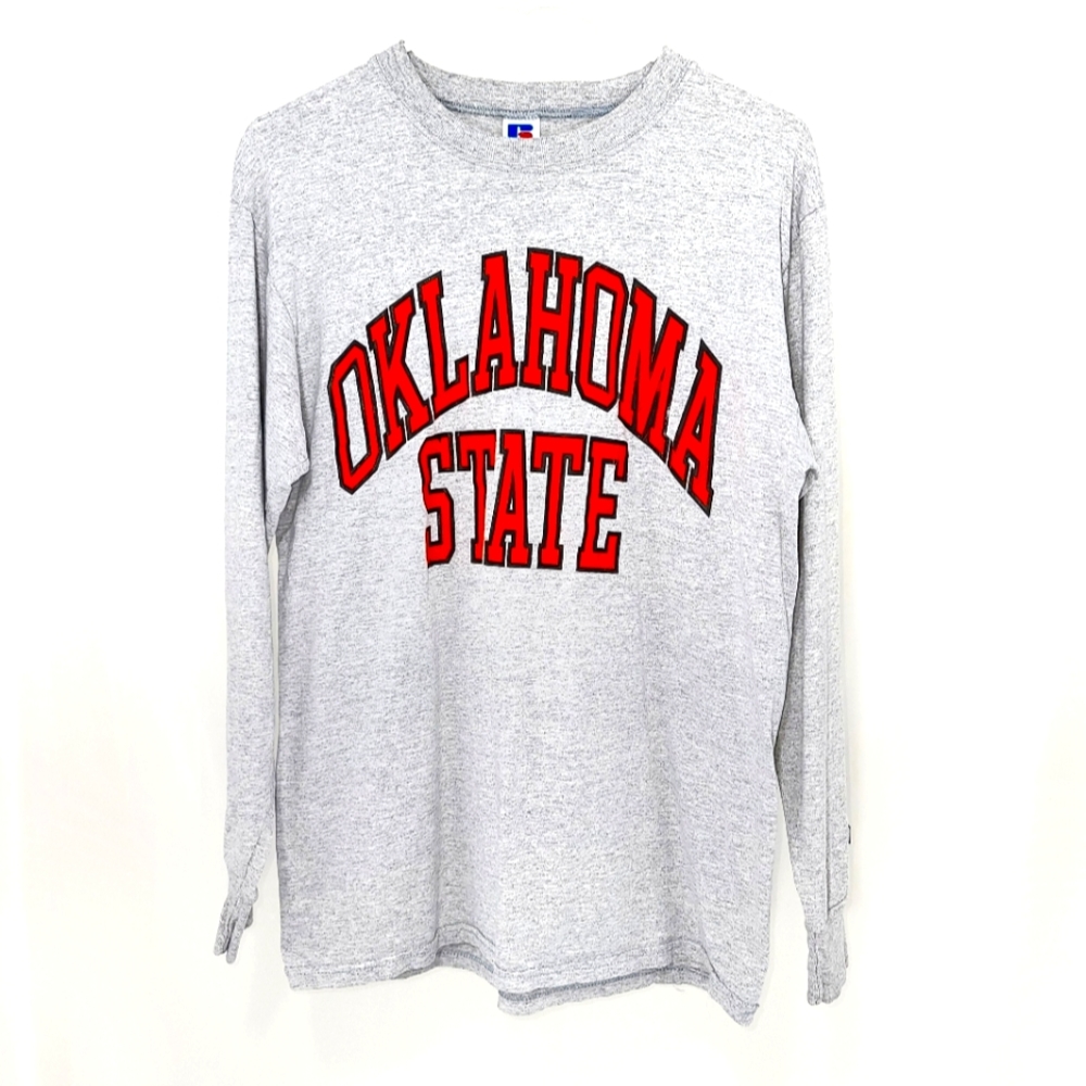 Russell Oklahoma State Gray & Orange Graphic Tee Long Sleeve Shirt Medium